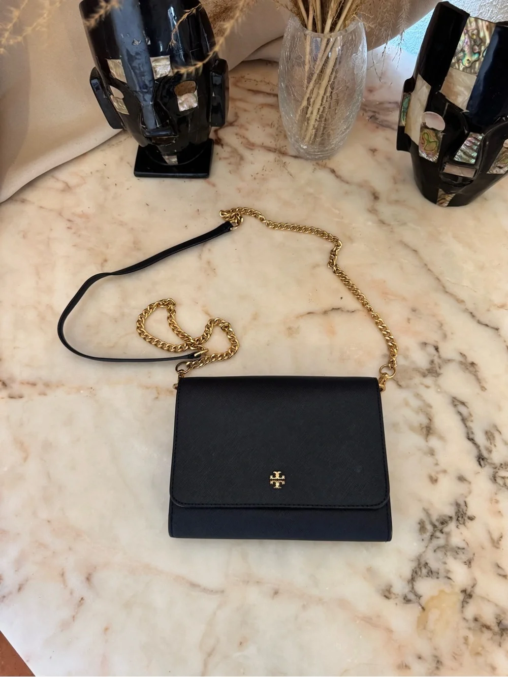 Tory Burch Navy Saffiano Leather Chain Wallet Crossbody Bag Gold Hardware